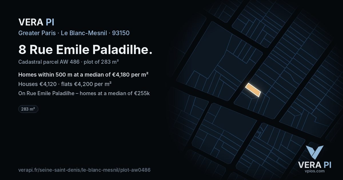 8 Rue Emile Paladilhe, Le Blanc-Mesnil at night – the plot lit, the parcels around coloured by the prices near them