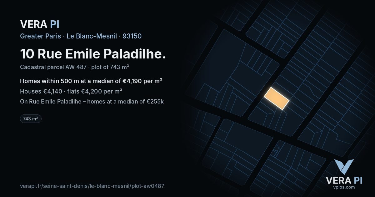 10 Rue Emile Paladilhe, Le Blanc-Mesnil at night – the plot lit, the parcels around coloured by the prices near them