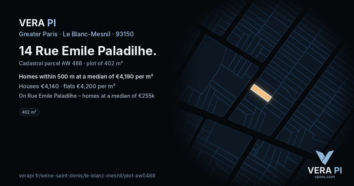 14 Rue Emile Paladilhe, Le Blanc-Mesnil at night – the plot lit, the parcels around coloured by the prices near them