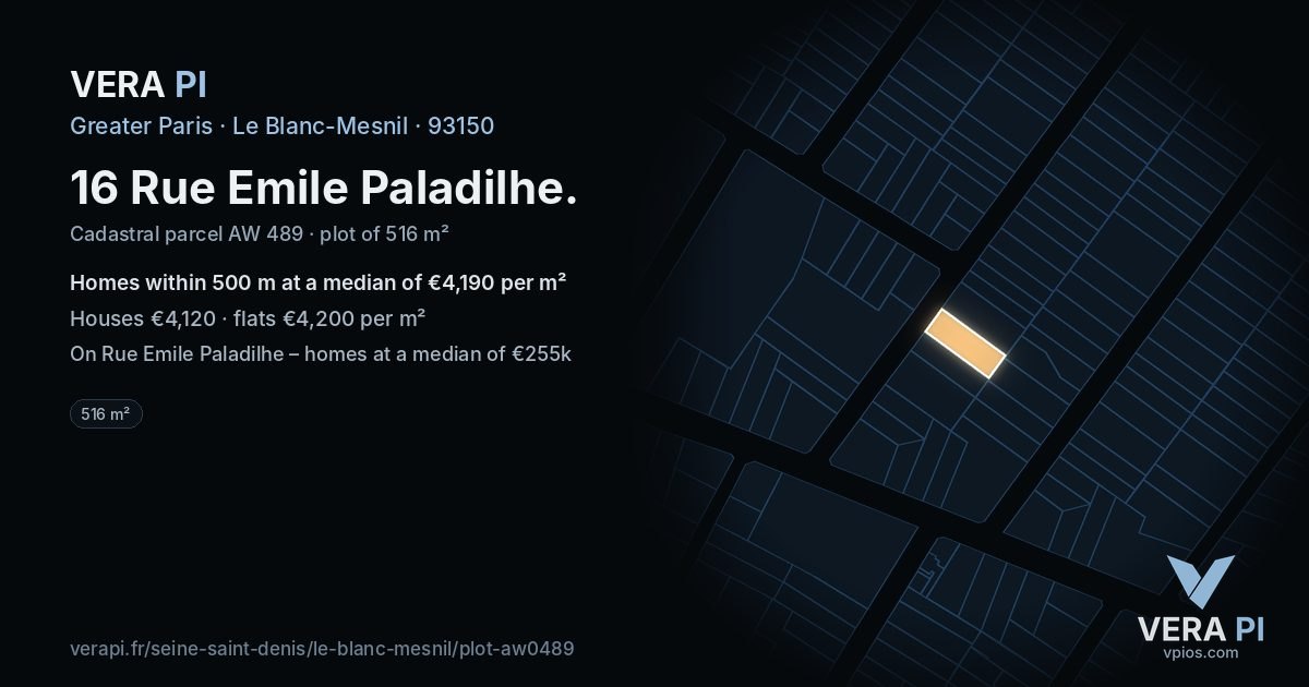 16 Rue Emile Paladilhe, Le Blanc-Mesnil at night – the plot lit, the parcels around coloured by the prices near them
