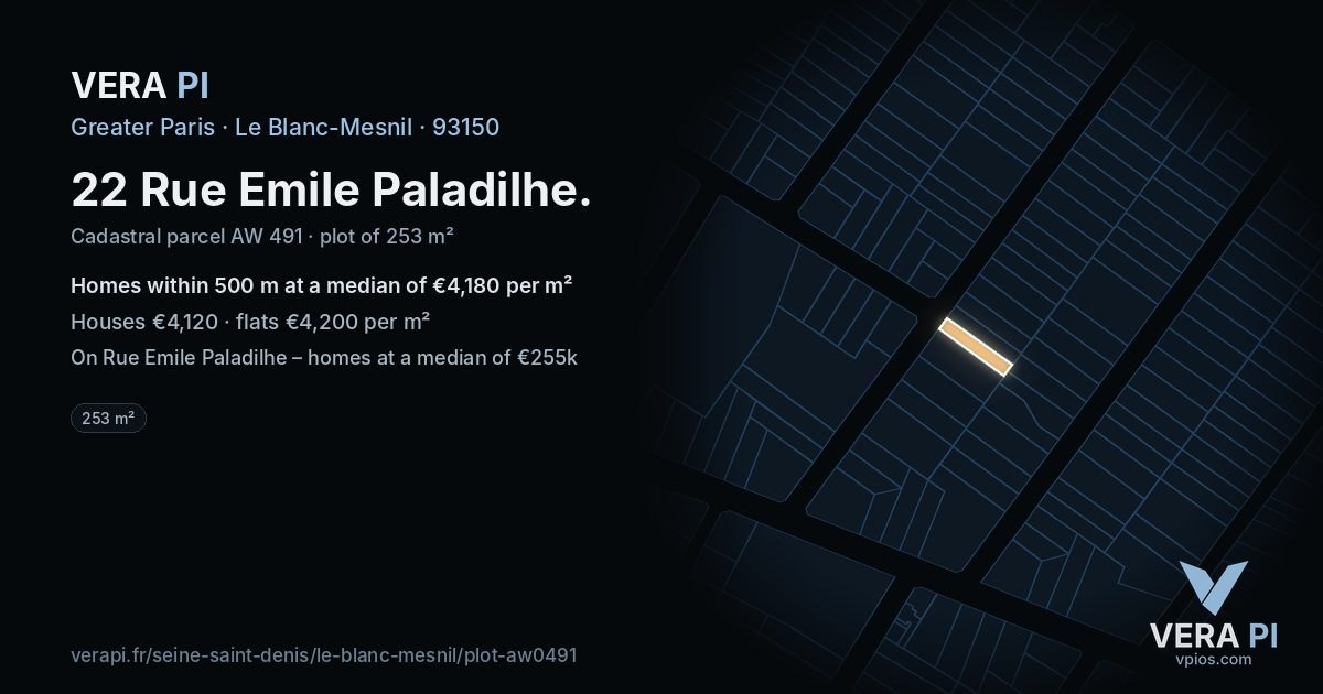 22 Rue Emile Paladilhe, Le Blanc-Mesnil at night – the plot lit, the parcels around coloured by the prices near them