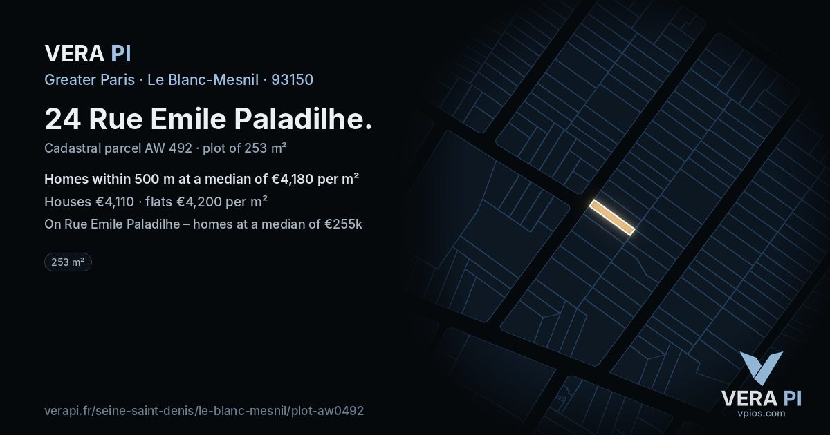 24 Rue Emile Paladilhe, Le Blanc-Mesnil at night – the plot lit, the parcels around coloured by the prices near them