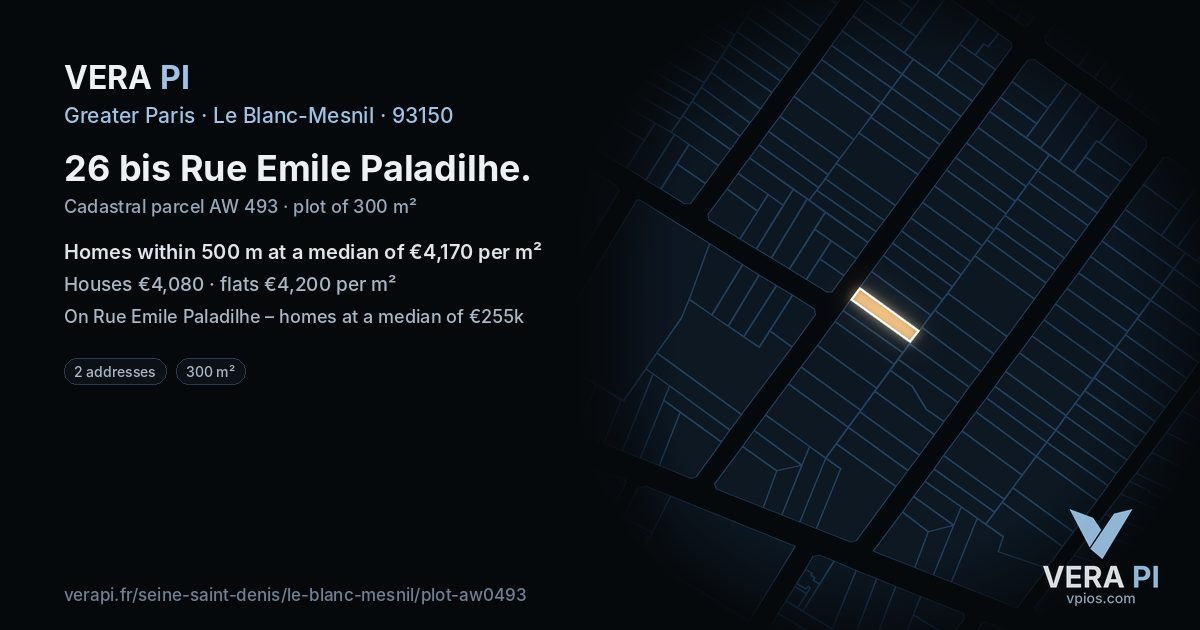 26 bis Rue Emile Paladilhe, Le Blanc-Mesnil at night – the plot lit, the parcels around coloured by the prices near them