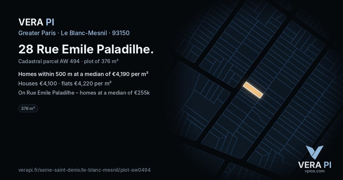 28 Rue Emile Paladilhe, Le Blanc-Mesnil at night – the plot lit, the parcels around coloured by the prices near them