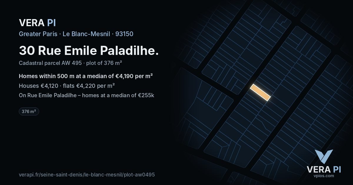 30 Rue Emile Paladilhe, Le Blanc-Mesnil at night – the plot lit, the parcels around coloured by the prices near them
