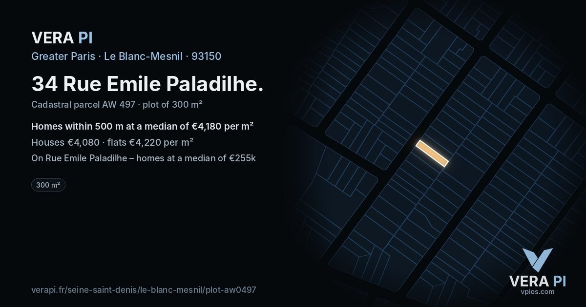 34 Rue Emile Paladilhe, Le Blanc-Mesnil at night – the plot lit, the parcels around coloured by the prices near them