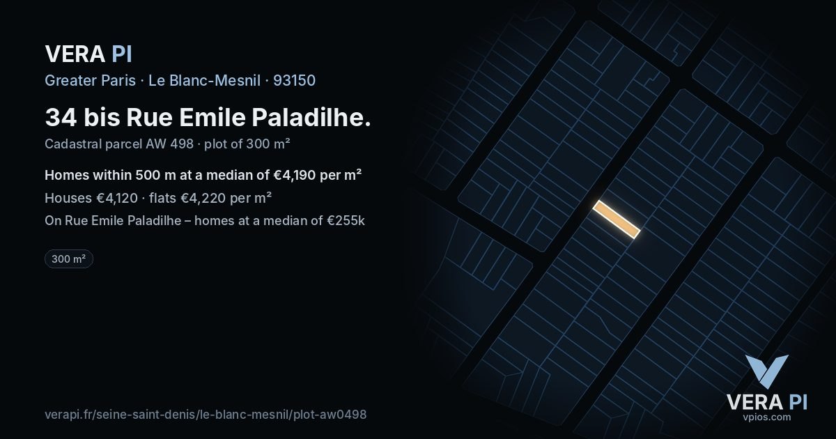 34 bis Rue Emile Paladilhe, Le Blanc-Mesnil at night – the plot lit, the parcels around coloured by the prices near them