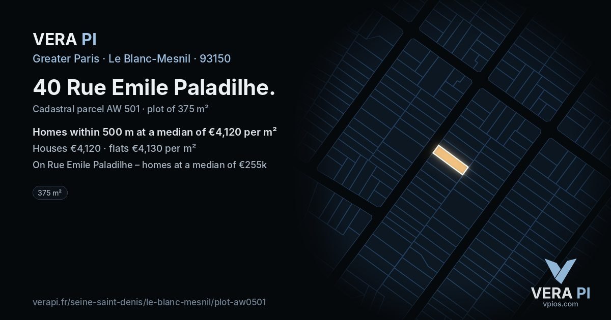 40 Rue Emile Paladilhe, Le Blanc-Mesnil at night – the plot lit, the parcels around coloured by the prices near them