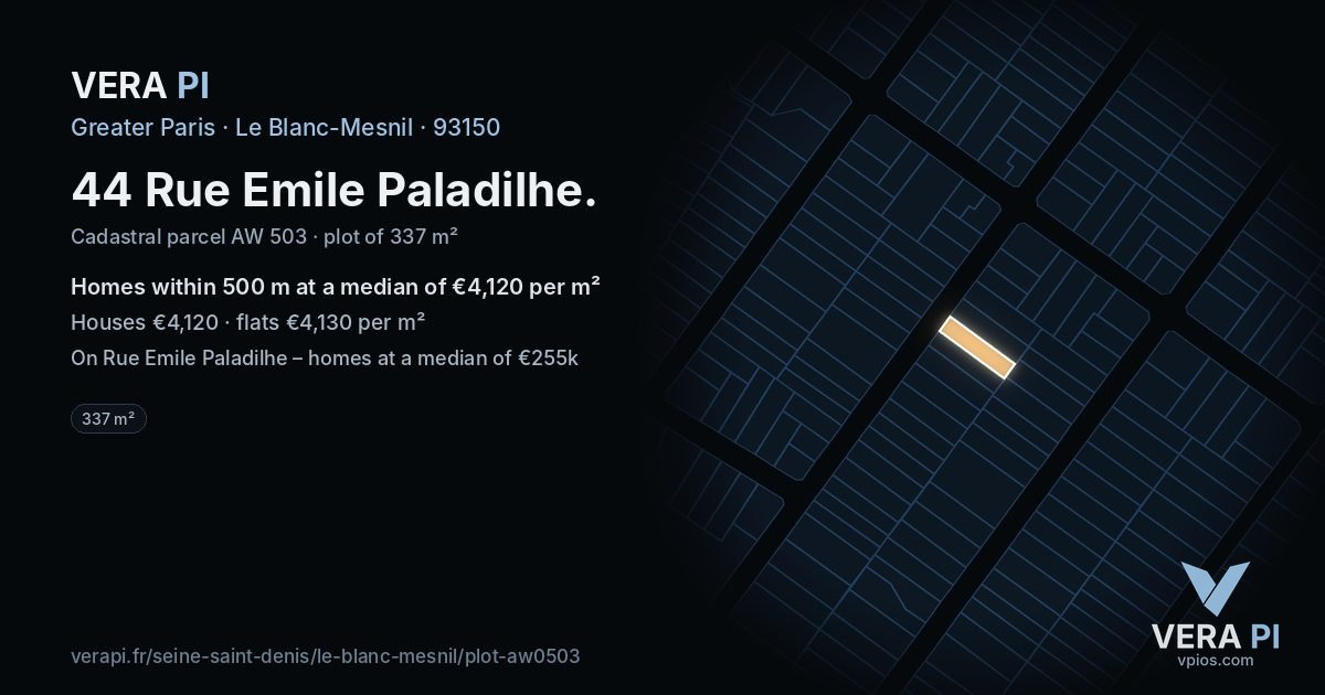 44 Rue Emile Paladilhe, Le Blanc-Mesnil at night – the plot lit, the parcels around coloured by the prices near them