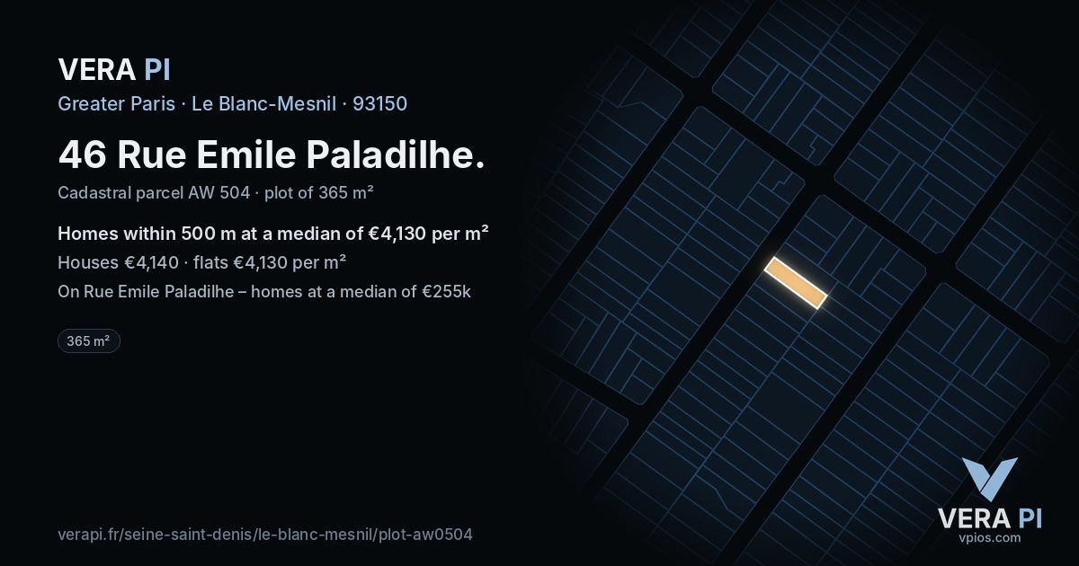 46 Rue Emile Paladilhe, Le Blanc-Mesnil at night – the plot lit, the parcels around coloured by the prices near them