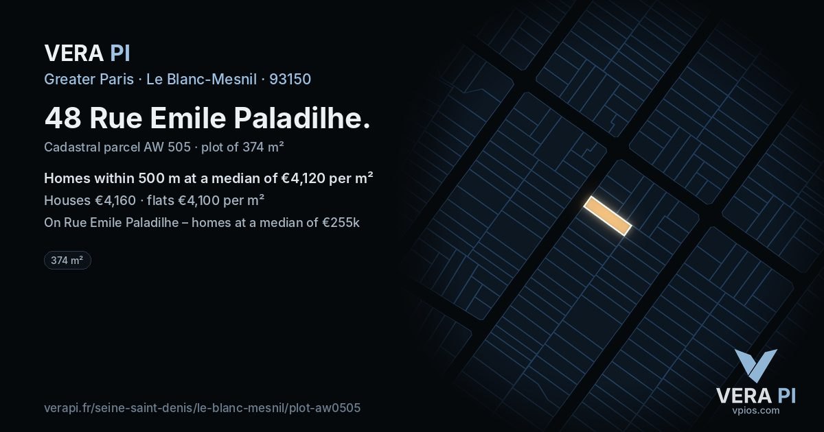 48 Rue Emile Paladilhe, Le Blanc-Mesnil at night – the plot lit, the parcels around coloured by the prices near them