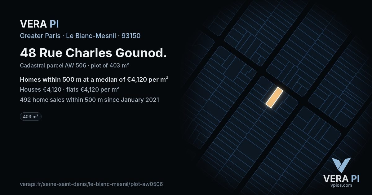 48 Rue Charles Gounod, Le Blanc-Mesnil at night – the plot lit, the parcels around coloured by the prices near them