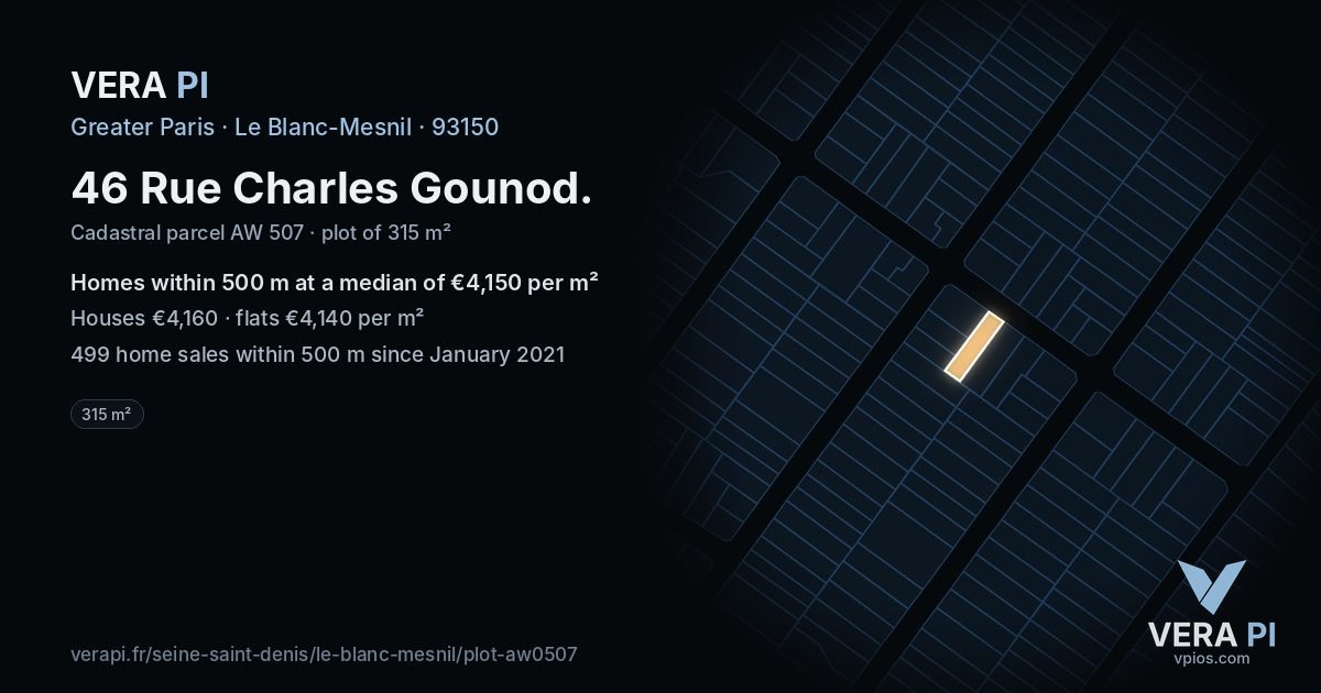 46 Rue Charles Gounod, Le Blanc-Mesnil at night – the plot lit, the parcels around coloured by the prices near them