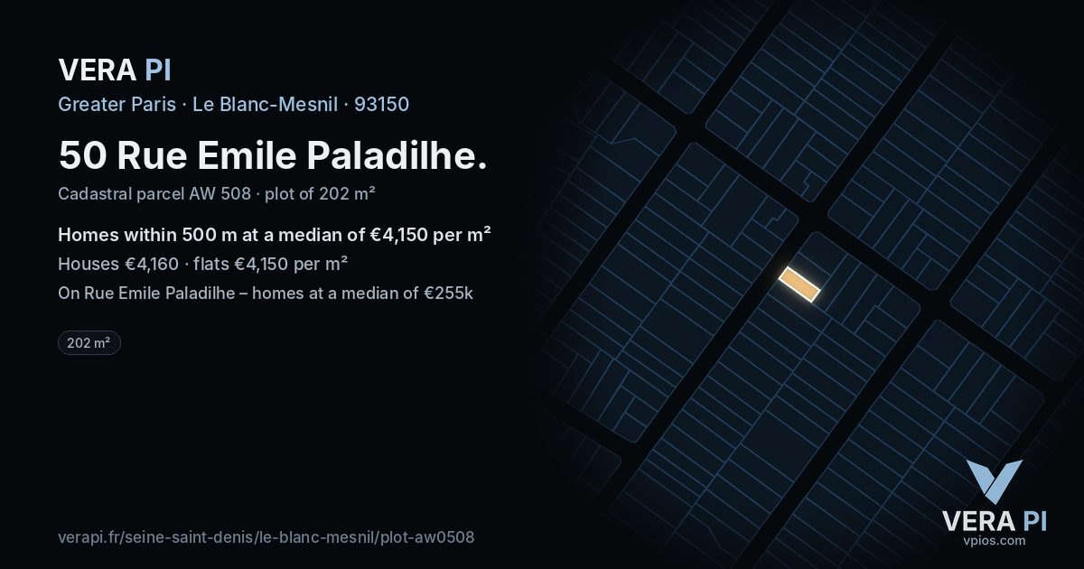 50 Rue Emile Paladilhe, Le Blanc-Mesnil at night – the plot lit, the parcels around coloured by the prices near them