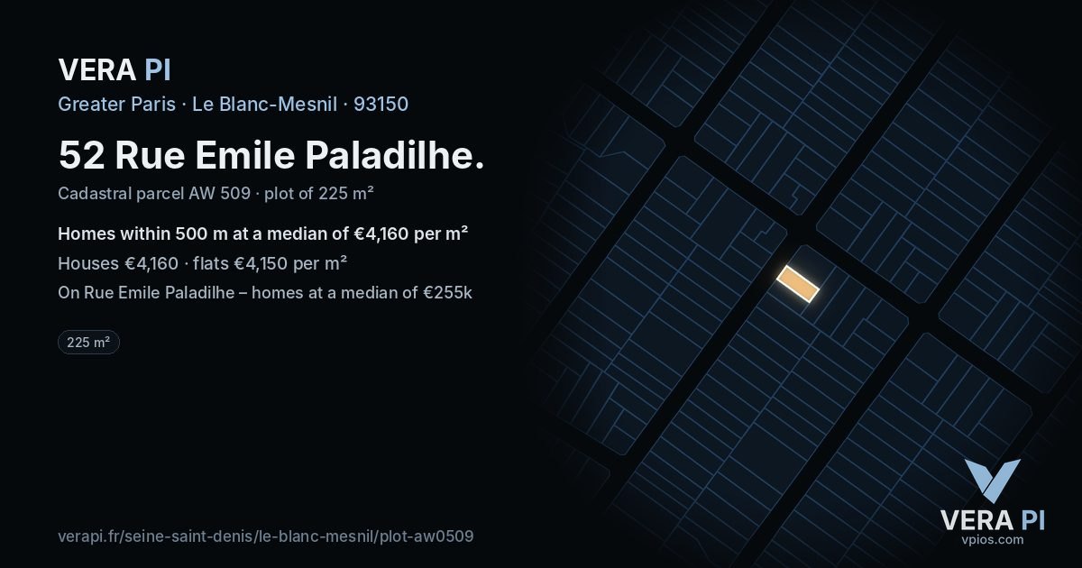 52 Rue Emile Paladilhe, Le Blanc-Mesnil at night – the plot lit, the parcels around coloured by the prices near them