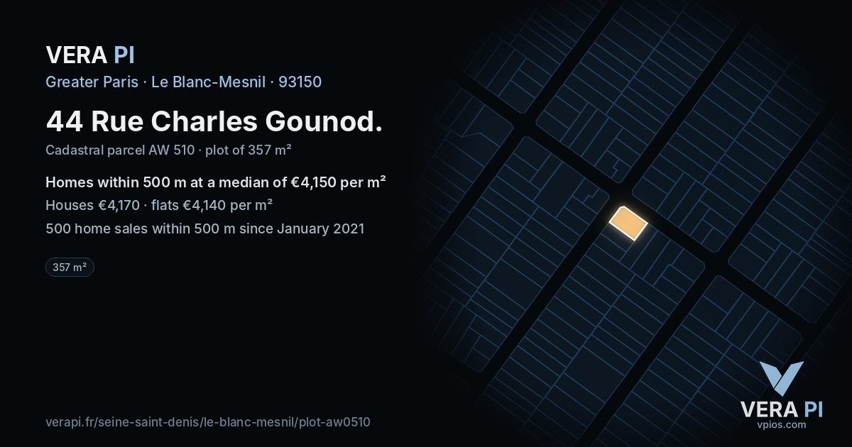 44 Rue Charles Gounod, Le Blanc-Mesnil at night – the plot lit, the parcels around coloured by the prices near them