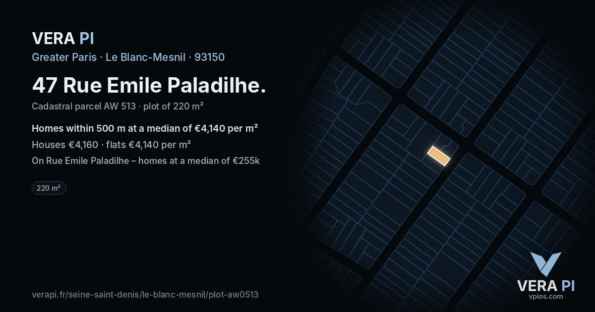 47 Rue Emile Paladilhe, Le Blanc-Mesnil at night – the plot lit, the parcels around coloured by the prices near them