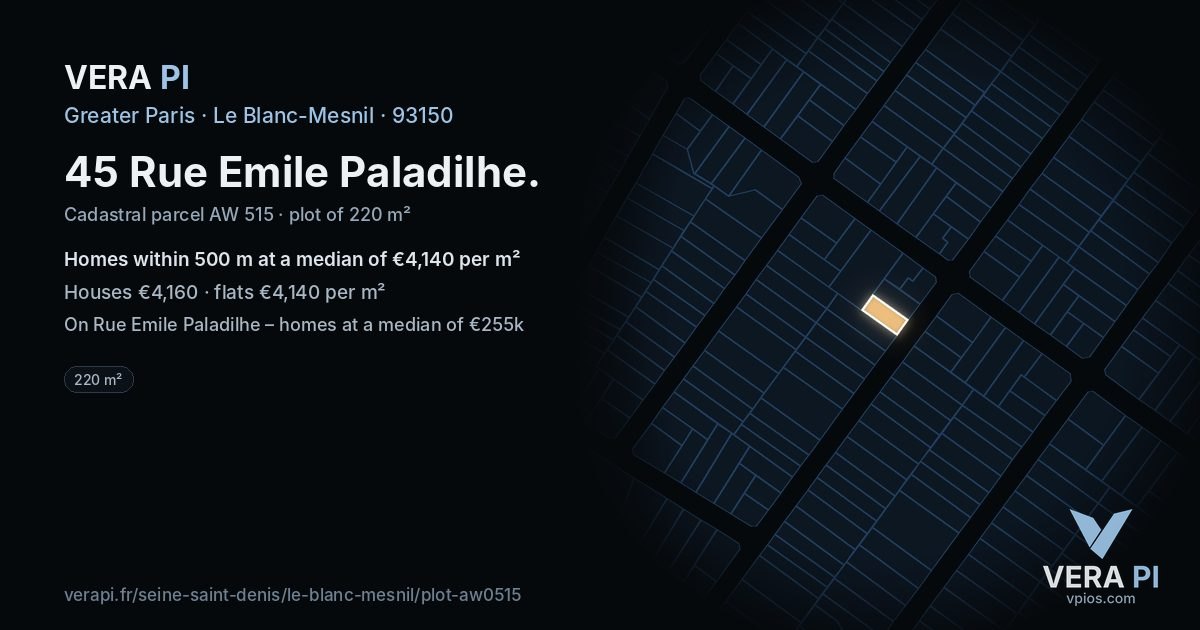 45 Rue Emile Paladilhe, Le Blanc-Mesnil at night – the plot lit, the parcels around coloured by the prices near them