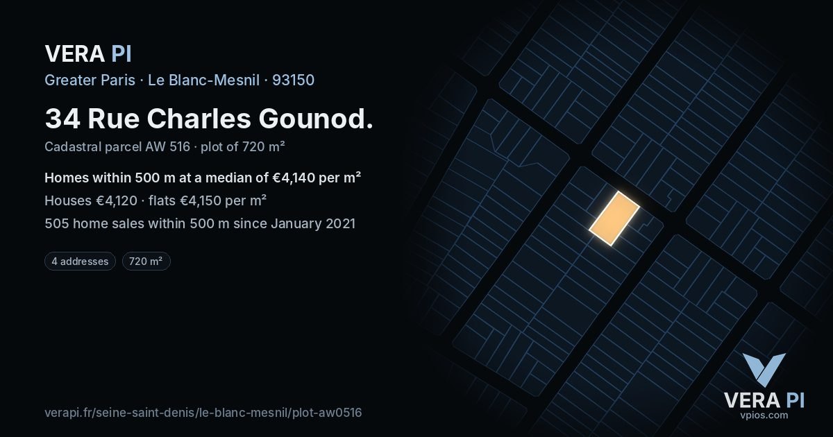 34 Rue Charles Gounod, Le Blanc-Mesnil at night – the plot lit, the parcels around coloured by the prices near them