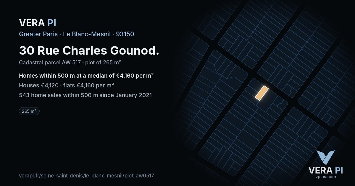 30 Rue Charles Gounod, Le Blanc-Mesnil at night – the plot lit, the parcels around coloured by the prices near them