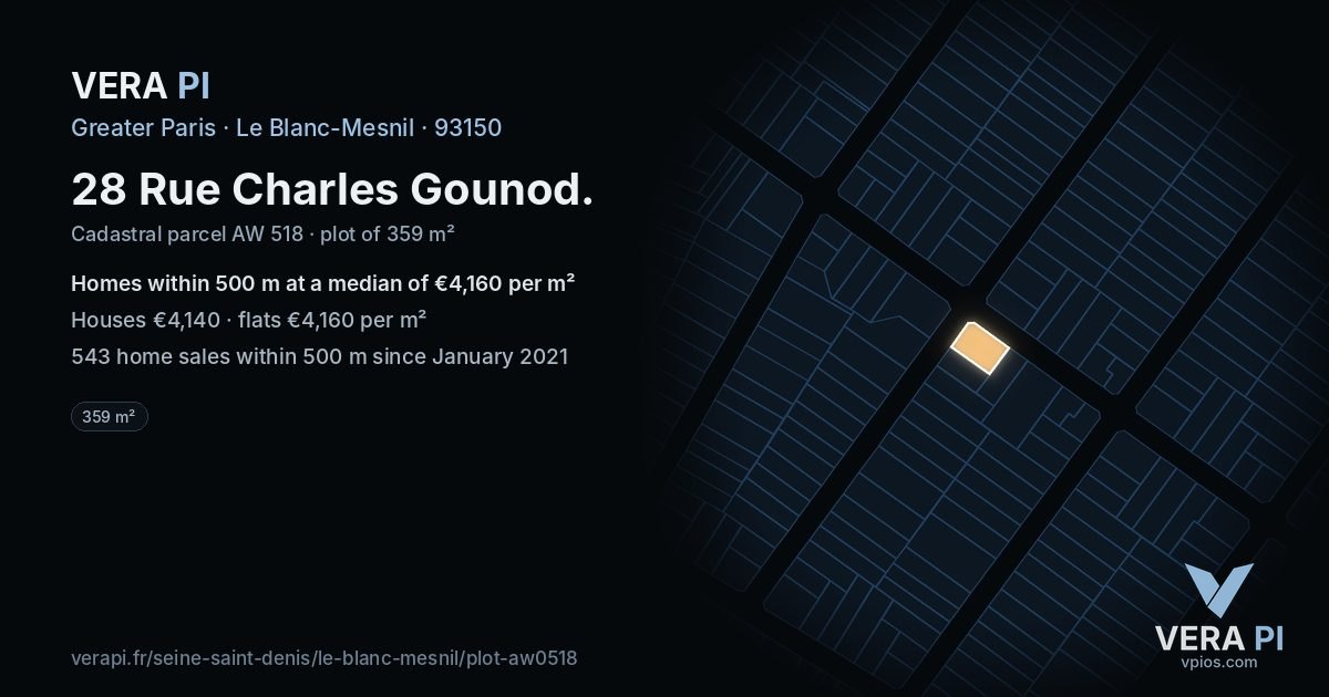 28 Rue Charles Gounod, Le Blanc-Mesnil at night – the plot lit, the parcels around coloured by the prices near them