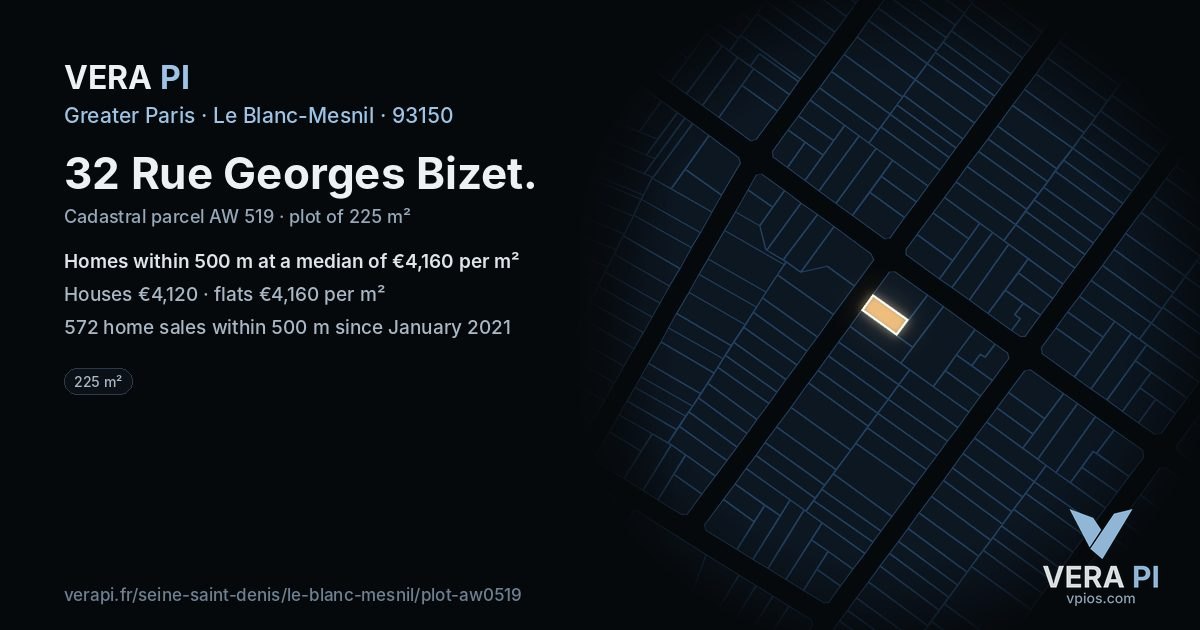 32 Rue Georges Bizet, Le Blanc-Mesnil at night – the plot lit, the parcels around coloured by the prices near them