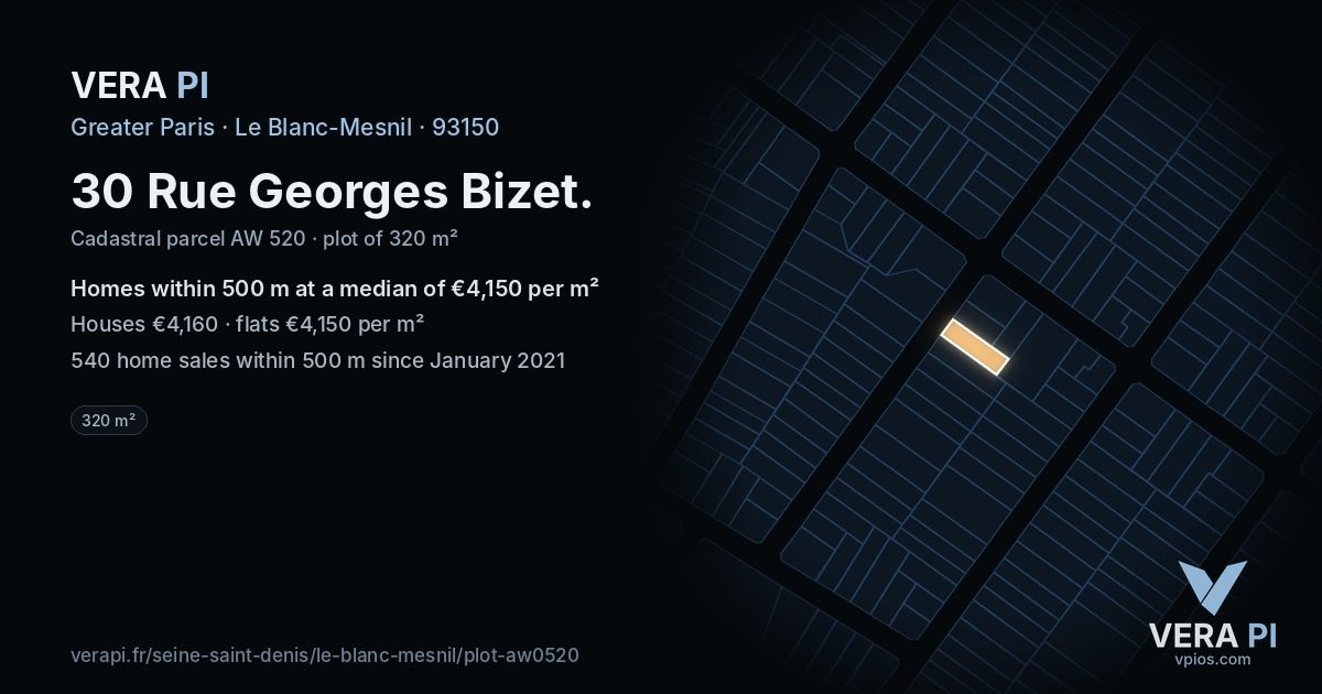 30 Rue Georges Bizet, Le Blanc-Mesnil at night – the plot lit, the parcels around coloured by the prices near them