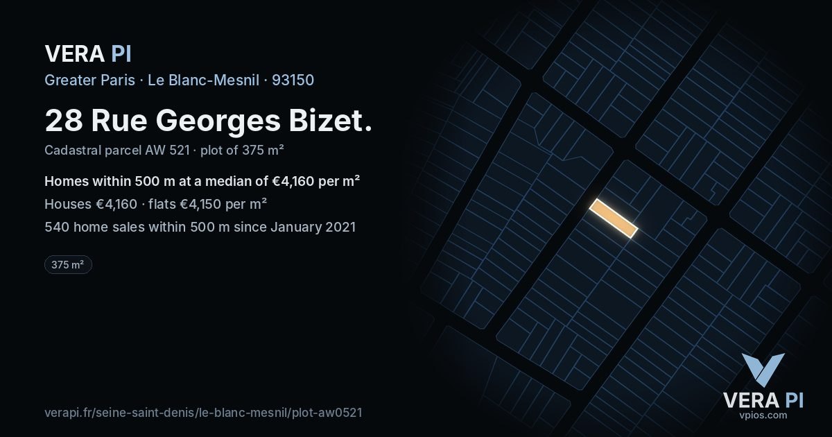 28 Rue Georges Bizet, Le Blanc-Mesnil at night – the plot lit, the parcels around coloured by the prices near them