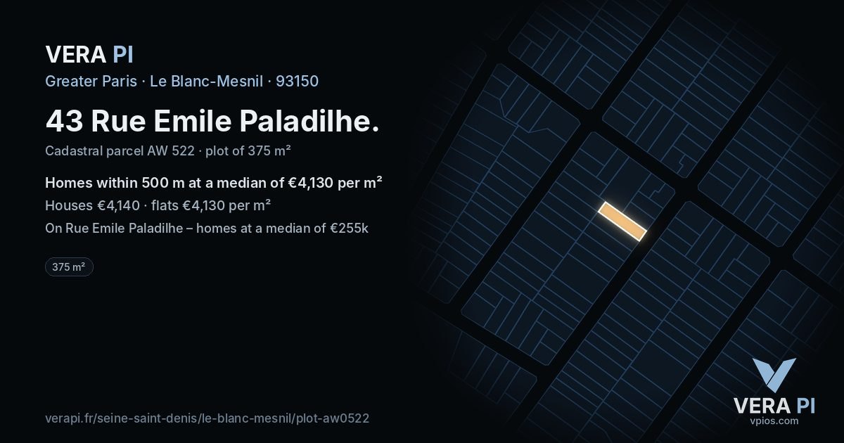 43 Rue Emile Paladilhe, Le Blanc-Mesnil at night – the plot lit, the parcels around coloured by the prices near them