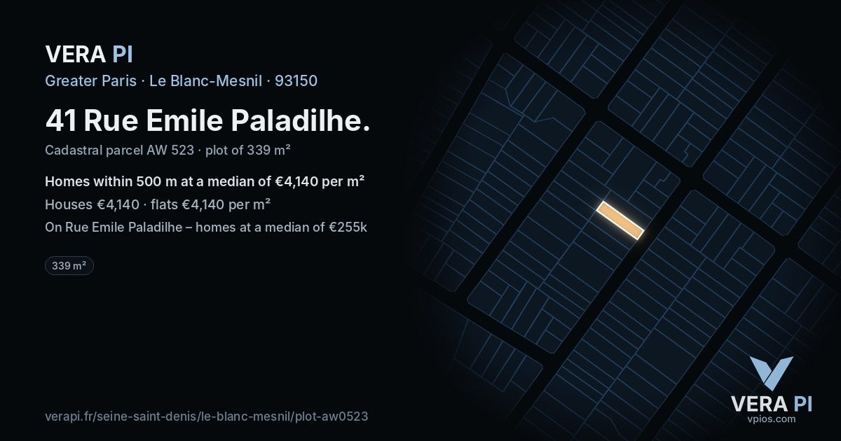 41 Rue Emile Paladilhe, Le Blanc-Mesnil at night – the plot lit, the parcels around coloured by the prices near them