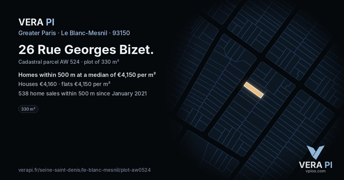 26 Rue Georges Bizet, Le Blanc-Mesnil at night – the plot lit, the parcels around coloured by the prices near them