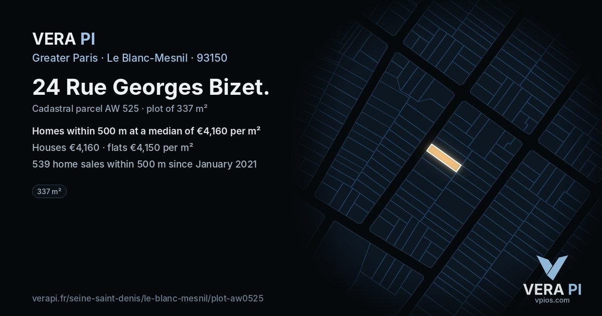 24 Rue Georges Bizet, Le Blanc-Mesnil at night – the plot lit, the parcels around coloured by the prices near them