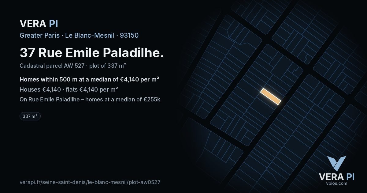 37 Rue Emile Paladilhe, Le Blanc-Mesnil at night – the plot lit, the parcels around coloured by the prices near them