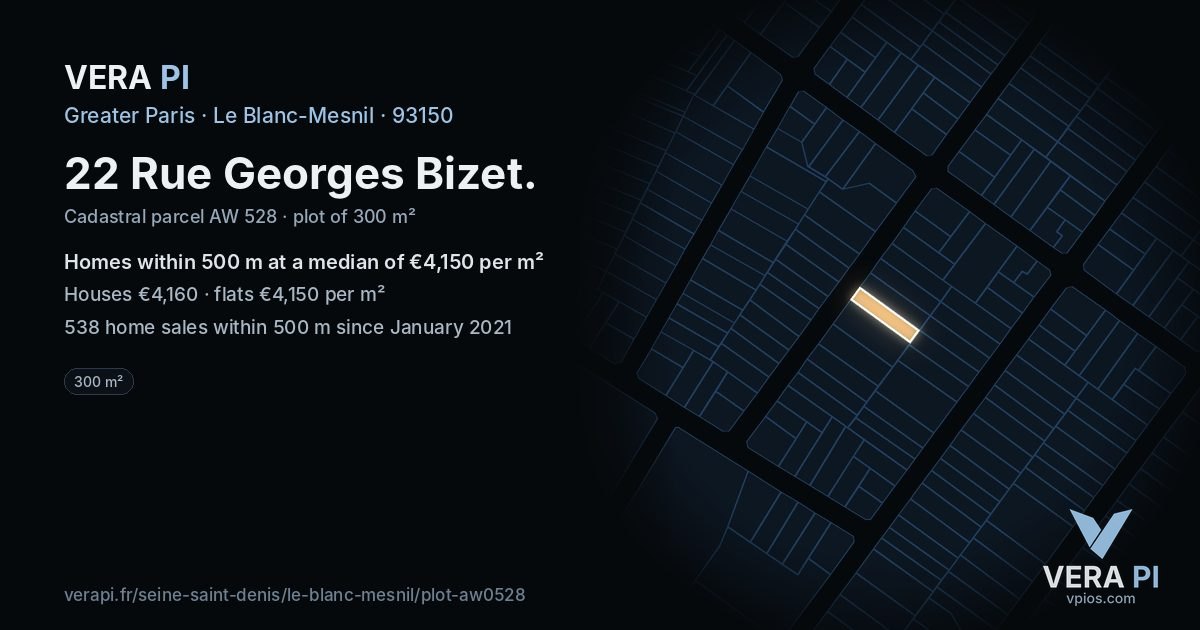 22 Rue Georges Bizet, Le Blanc-Mesnil at night – the plot lit, the parcels around coloured by the prices near them