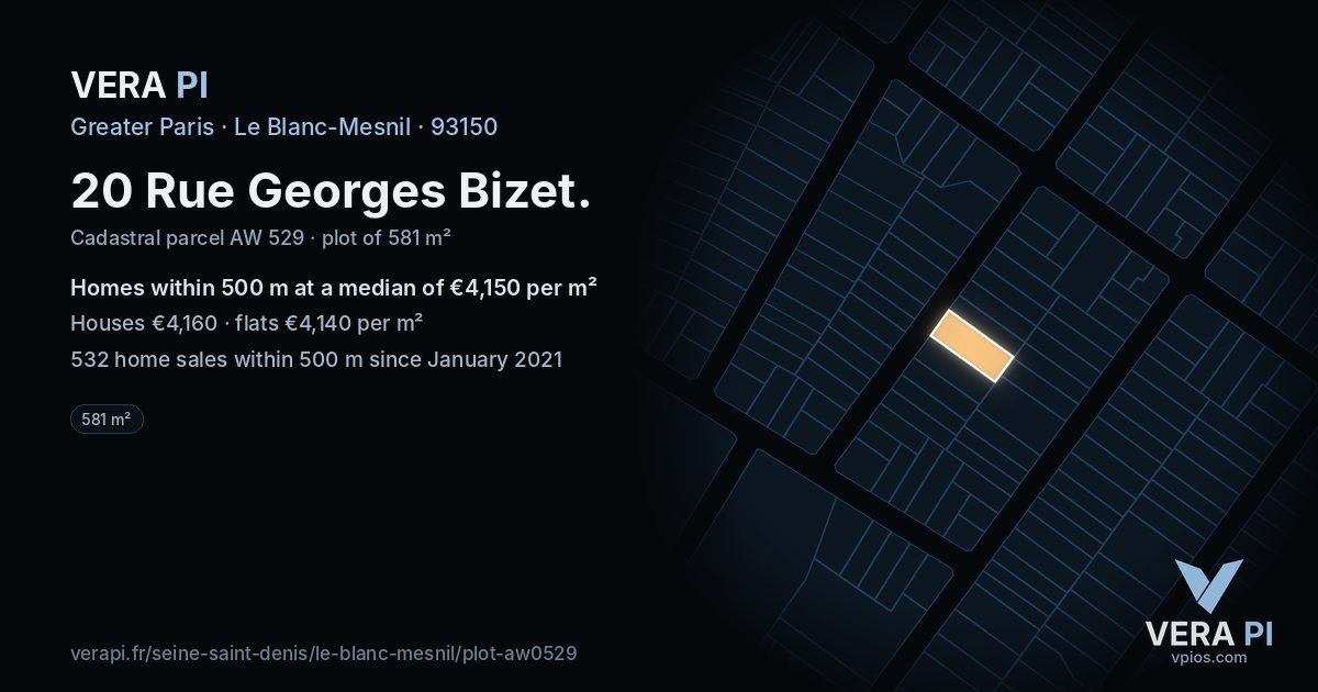 20 Rue Georges Bizet, Le Blanc-Mesnil at night – the plot lit, the parcels around coloured by the prices near them