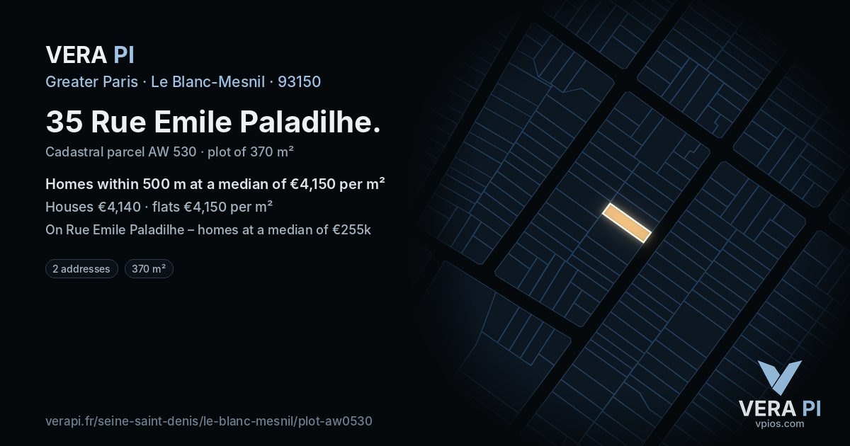 35 Rue Emile Paladilhe, Le Blanc-Mesnil at night – the plot lit, the parcels around coloured by the prices near them