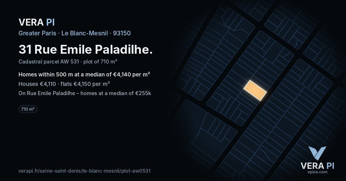 31 Rue Emile Paladilhe, Le Blanc-Mesnil at night – the plot lit, the parcels around coloured by the prices near them