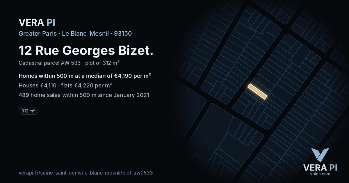 12 Rue Georges Bizet, Le Blanc-Mesnil at night – the plot lit, the parcels around coloured by the prices near them