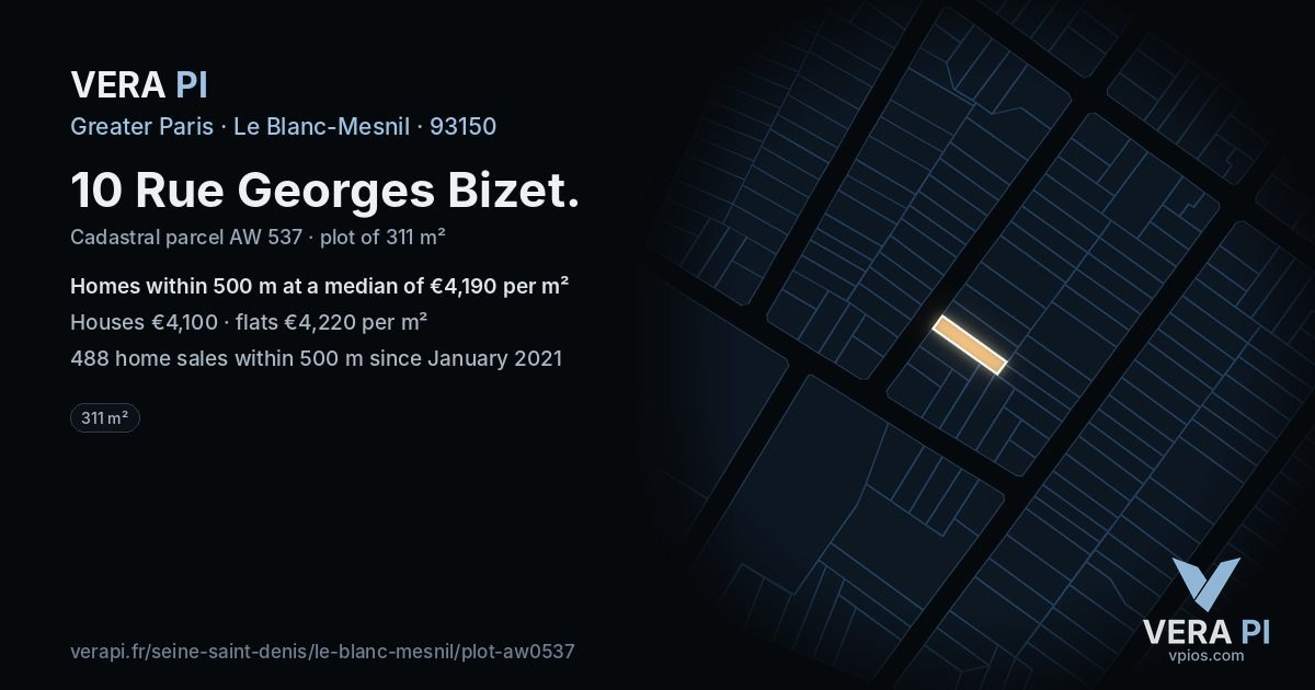 10 Rue Georges Bizet, Le Blanc-Mesnil at night – the plot lit, the parcels around coloured by the prices near them