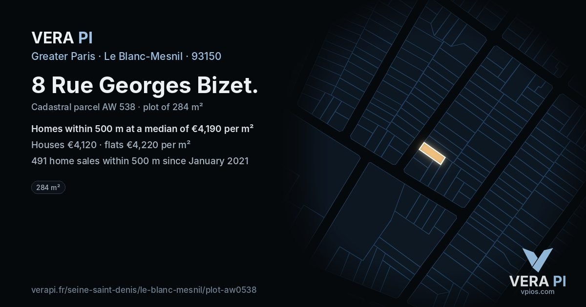 8 Rue Georges Bizet, Le Blanc-Mesnil at night – the plot lit, the parcels around coloured by the prices near them
