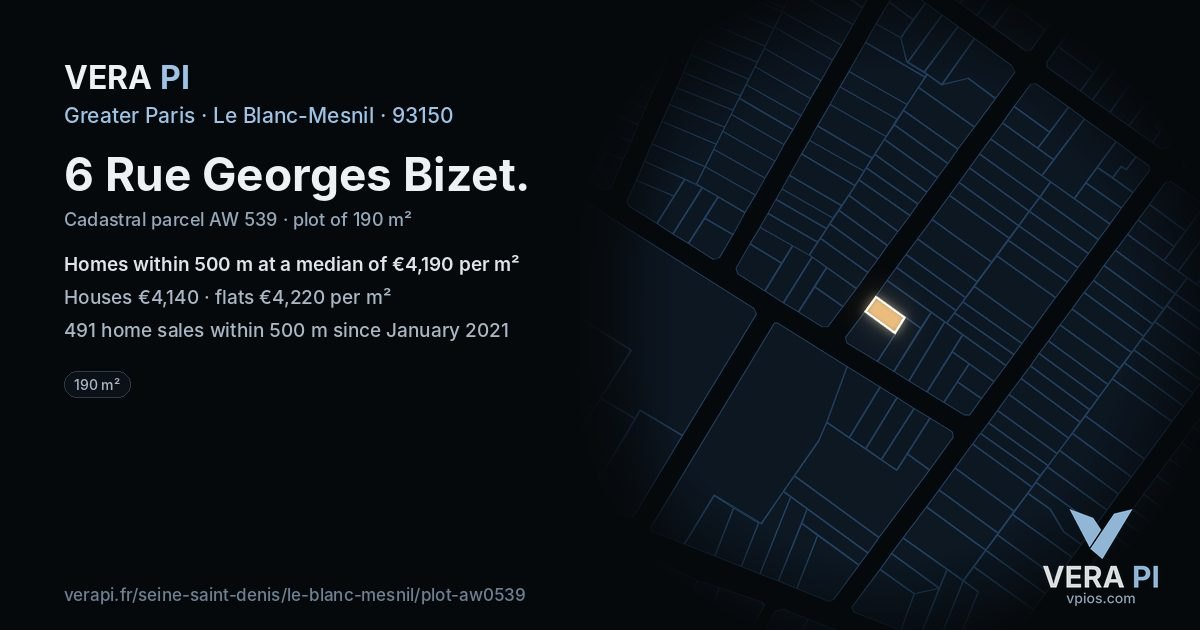 6 Rue Georges Bizet, Le Blanc-Mesnil at night – the plot lit, the parcels around coloured by the prices near them