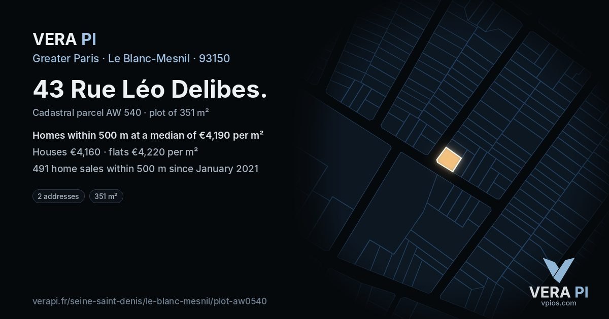 43 Rue Léo Delibes, Le Blanc-Mesnil at night – the plot lit, the parcels around coloured by the prices near them