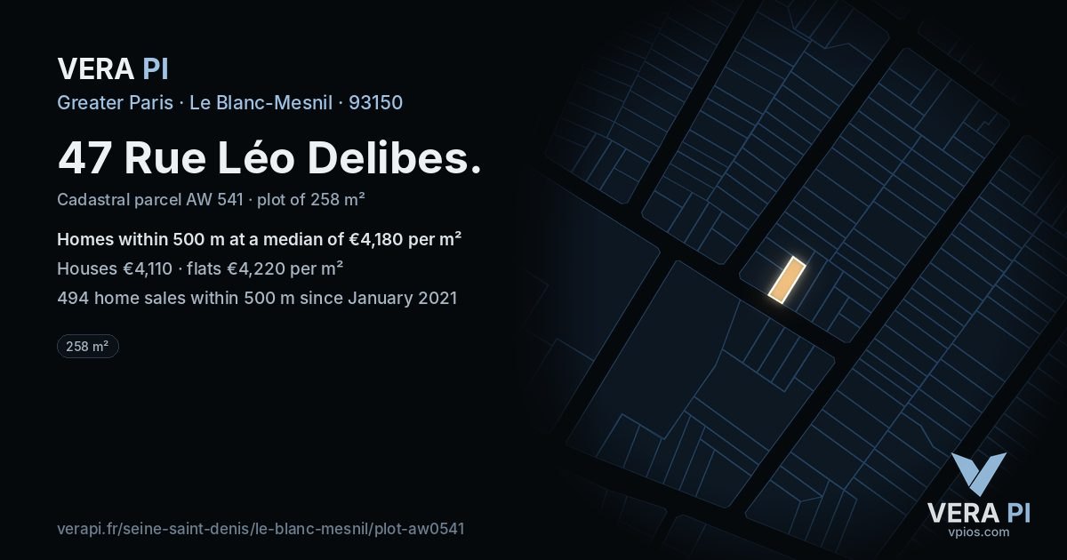 47 Rue Léo Delibes, Le Blanc-Mesnil at night – the plot lit, the parcels around coloured by the prices near them