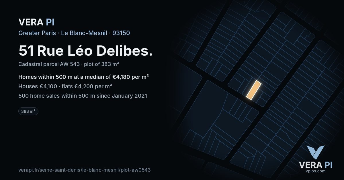 51 Rue Léo Delibes, Le Blanc-Mesnil at night – the plot lit, the parcels around coloured by the prices near them