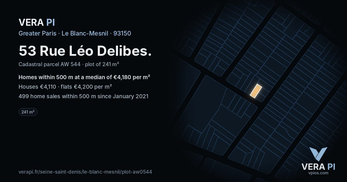 53 Rue Léo Delibes, Le Blanc-Mesnil at night – the plot lit, the parcels around coloured by the prices near them