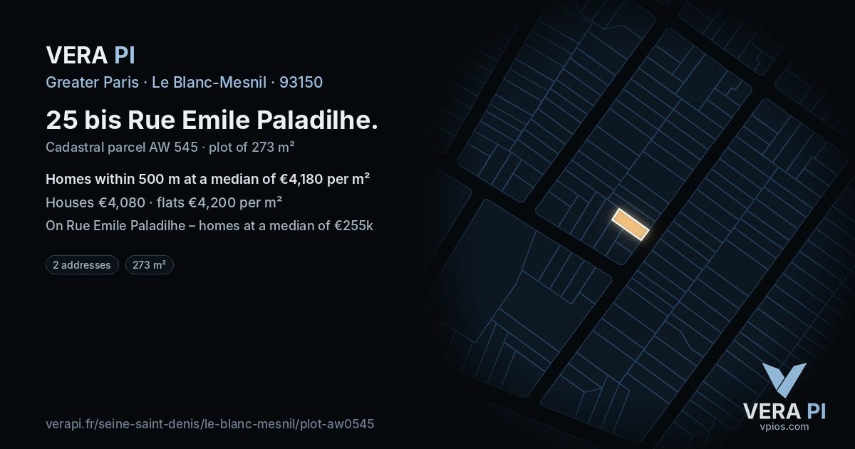 25 bis Rue Emile Paladilhe, Le Blanc-Mesnil at night – the plot lit, the parcels around coloured by the prices near them