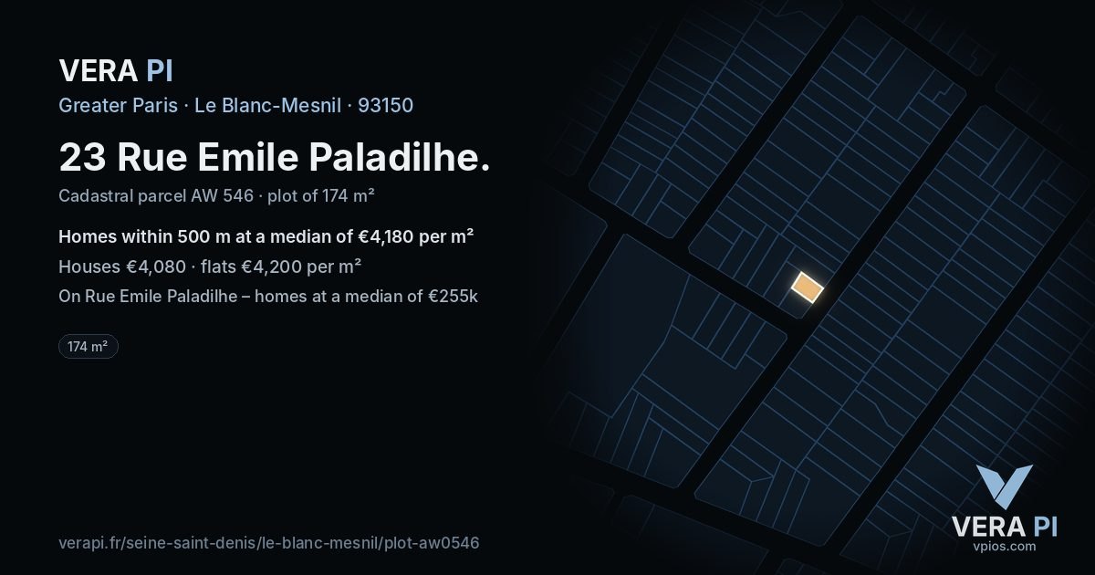 23 Rue Emile Paladilhe, Le Blanc-Mesnil at night – the plot lit, the parcels around coloured by the prices near them