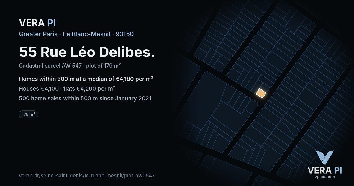 55 Rue Léo Delibes, Le Blanc-Mesnil at night – the plot lit, the parcels around coloured by the prices near them