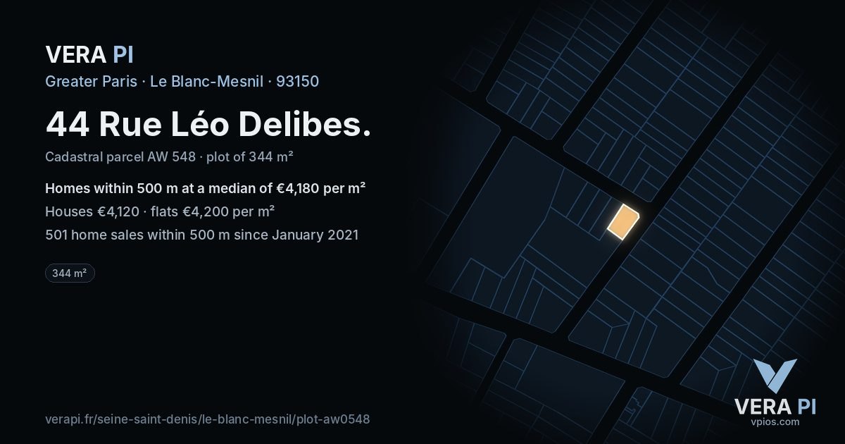 44 Rue Léo Delibes, Le Blanc-Mesnil at night – the plot lit, the parcels around coloured by the prices near them
