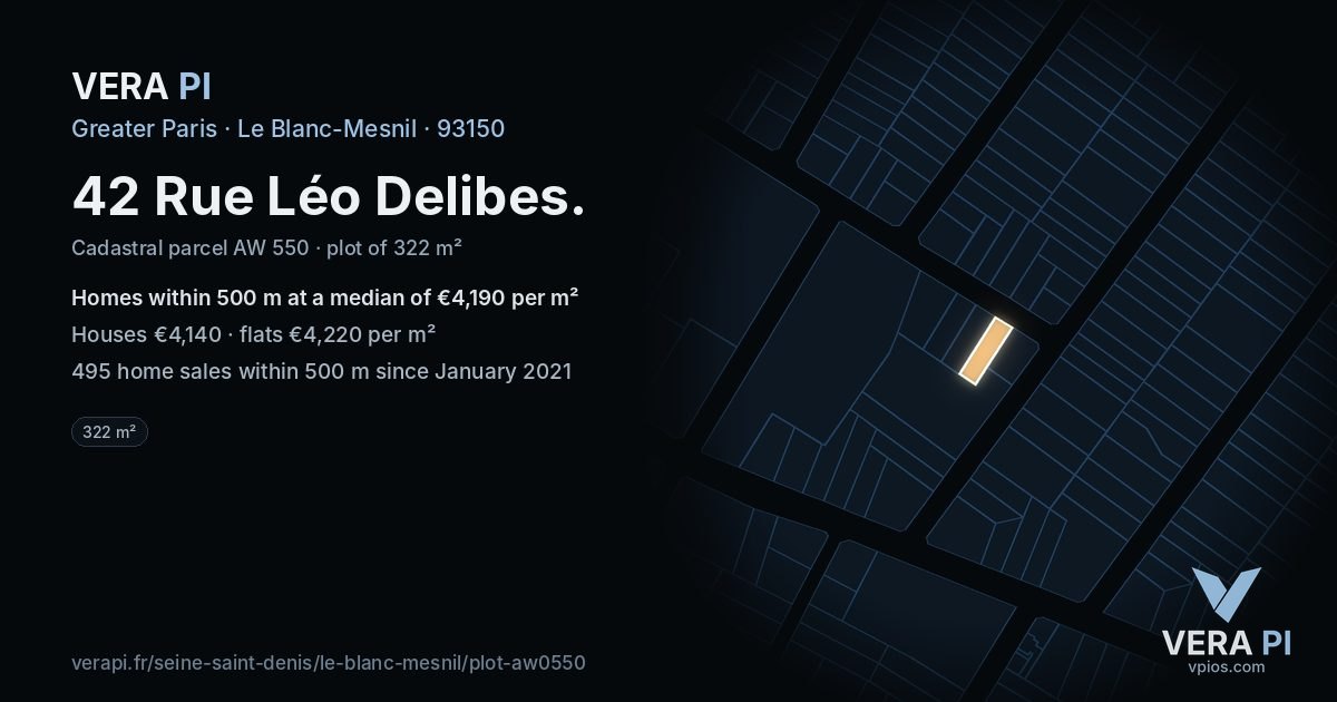 42 Rue Léo Delibes, Le Blanc-Mesnil at night – the plot lit, the parcels around coloured by the prices near them